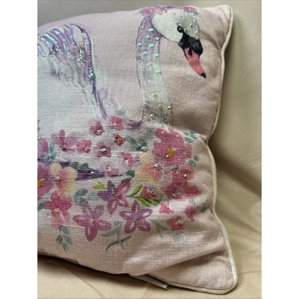 Envogue Kid Spring Floral Swan Sequin pink Easter 17x17 Decorative Accent Pillow